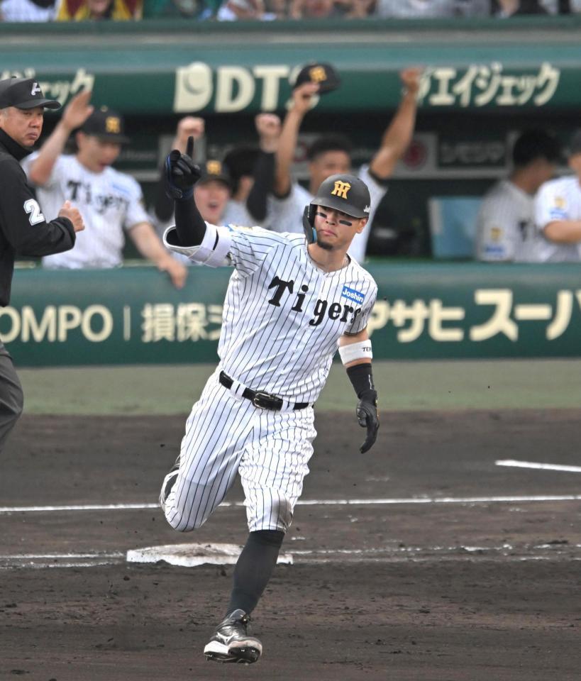 ７回、５号ソロを放ちダイヤモンドを回る阪神・佐藤輝明＝甲子園（撮影・飯室逸平）
