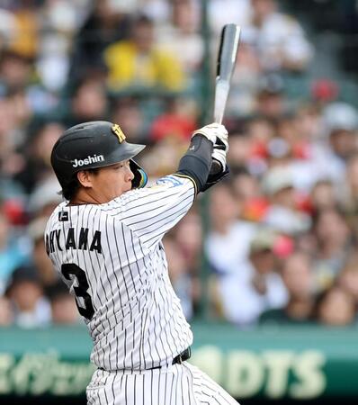 ５回、左前に同点適時打を放つ大山（撮影・山口登）