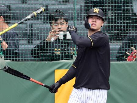 　打撃練習をする佐藤輝（撮影・田中太一）
