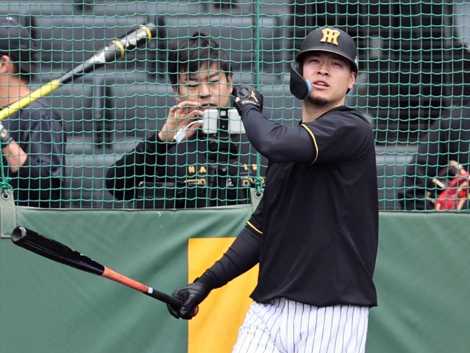 　打撃練習をする佐藤輝（撮影・田中太一）