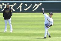 藤川監督が見守る中、キャッチボールする下村（撮影・飯室逸平）