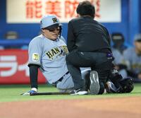 ８回、自打球を左足に当てて、苦痛に耐える森下（撮影・西岡正）