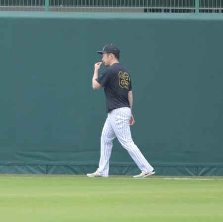 芝の感触を確かめるように外野を歩く石井（撮影・金居みつよし）