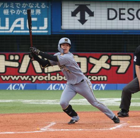 ７回、中飛を放つ代打・中野（撮影・金田祐二）