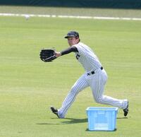 外野でノックを受ける立石（撮影・中田匡峻）