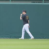 芝の感触を確かめるように外野を歩く石井（撮影・金居みつよし）