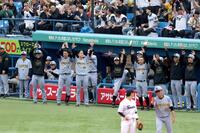 ３回、先制適時二塁打を放った岡城を祝福する阪神ナイン（撮影・金田祐二）