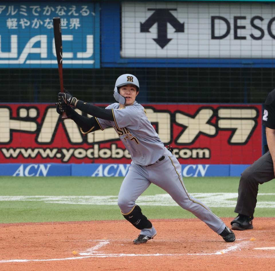 ７回、中飛を放つ代打・中野（撮影・金田祐二）