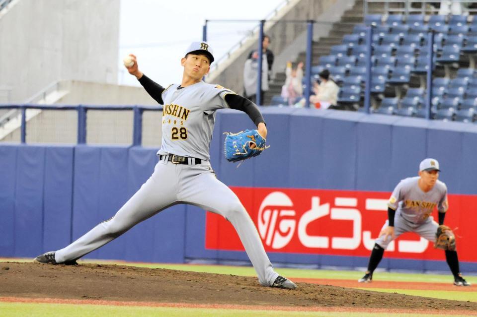 １回、力投する阪神先発の今朝丸。右後方は一塁手の糸原