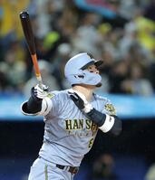 ７回、右越えソロを放つ佐藤輝（撮影・西岡正）