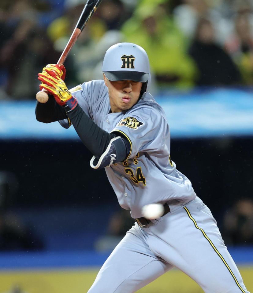 ８回、死球受ける岡城（撮影・西岡正）