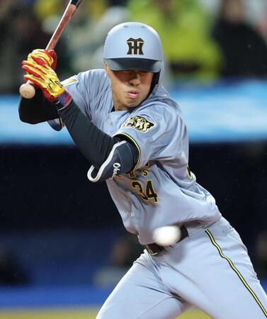 　８回、死球受ける岡城（撮影・西岡正）