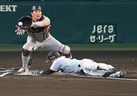 １回、本塁をつくもアウトになる福島（捕手・大城）＝撮影・飯室逸平