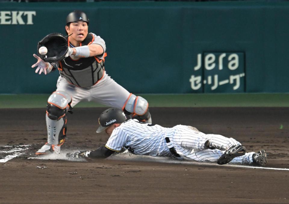 １回、本塁をつくもアウトになる福島（捕手・大城）＝撮影・飯室逸平