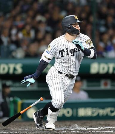 　７回、右前打を放つ佐藤輝