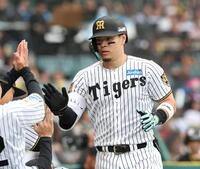８回、ソロを放ちベンチ前で迎えられる佐藤輝（撮影・西田忠信）