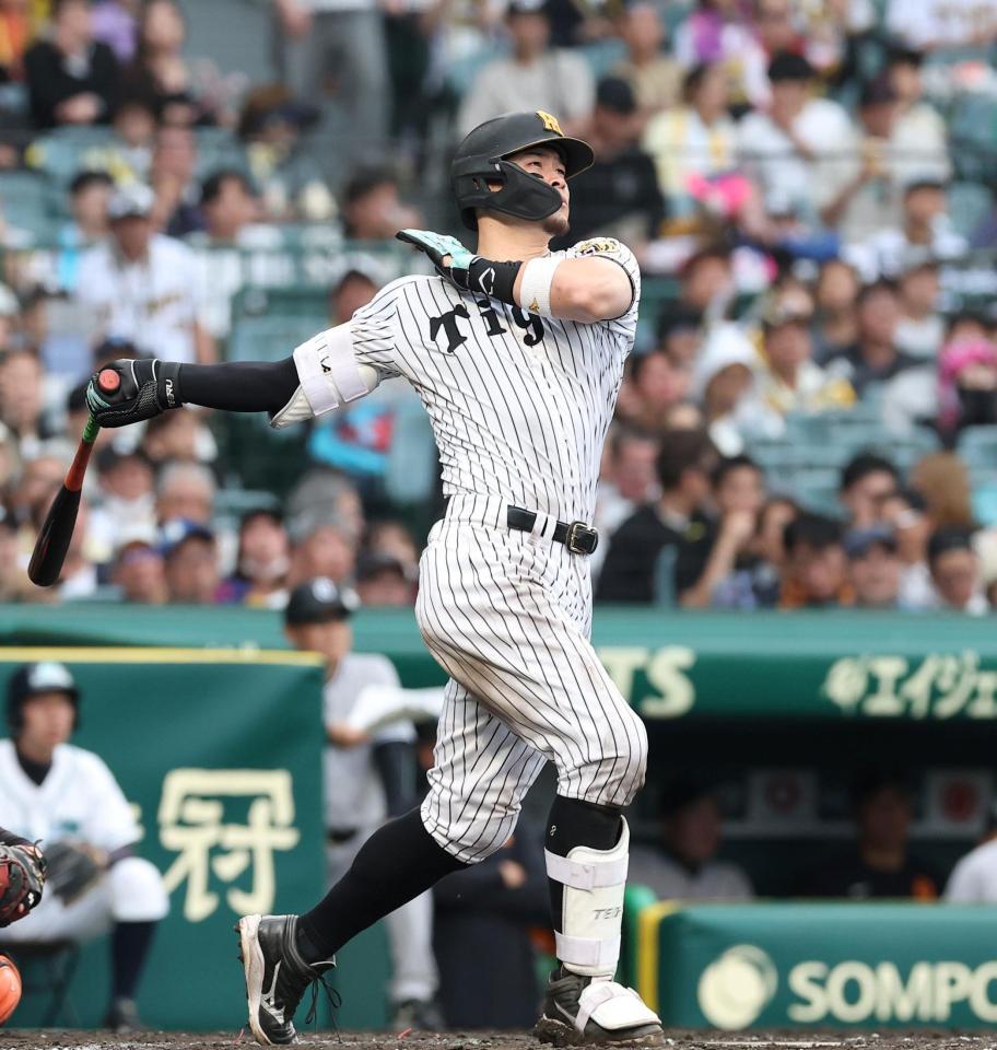 ８回、ソロを放つ佐藤輝（撮影・西田忠信）
