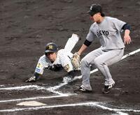 ６回、中野はバッテリーミスで生還する（ベースカバーは巨人・井上）＝撮影・山口登