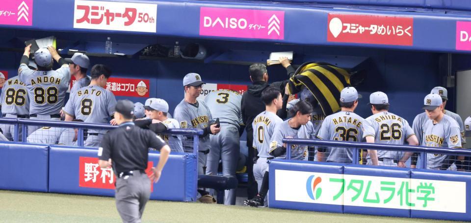 連敗を喫し、ベンチを引き揚げる藤川監督（中央）ら阪神ナイン（撮影・立川洋一郎）