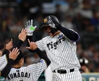 ６回、ソロを放ちナインに迎えられる森下（撮影・西田忠信）