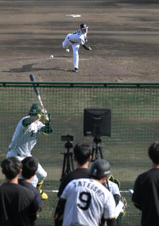 試合後のライブＢＰに登板、立石らと対戦した下村（撮影・金居みつよし）