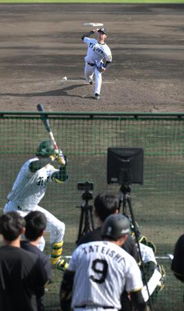 試合後、ライブＢＰに登板した下村（撮影・金居みつよし）