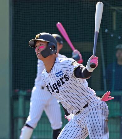 ８回、同点に追いつく走者一掃の適時二塁打を放つ百崎（撮影・立川洋一郎）