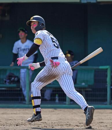 ８回、同点に追いつく走者一掃の適時二塁打を放つ百崎（撮影・立川洋一郎）