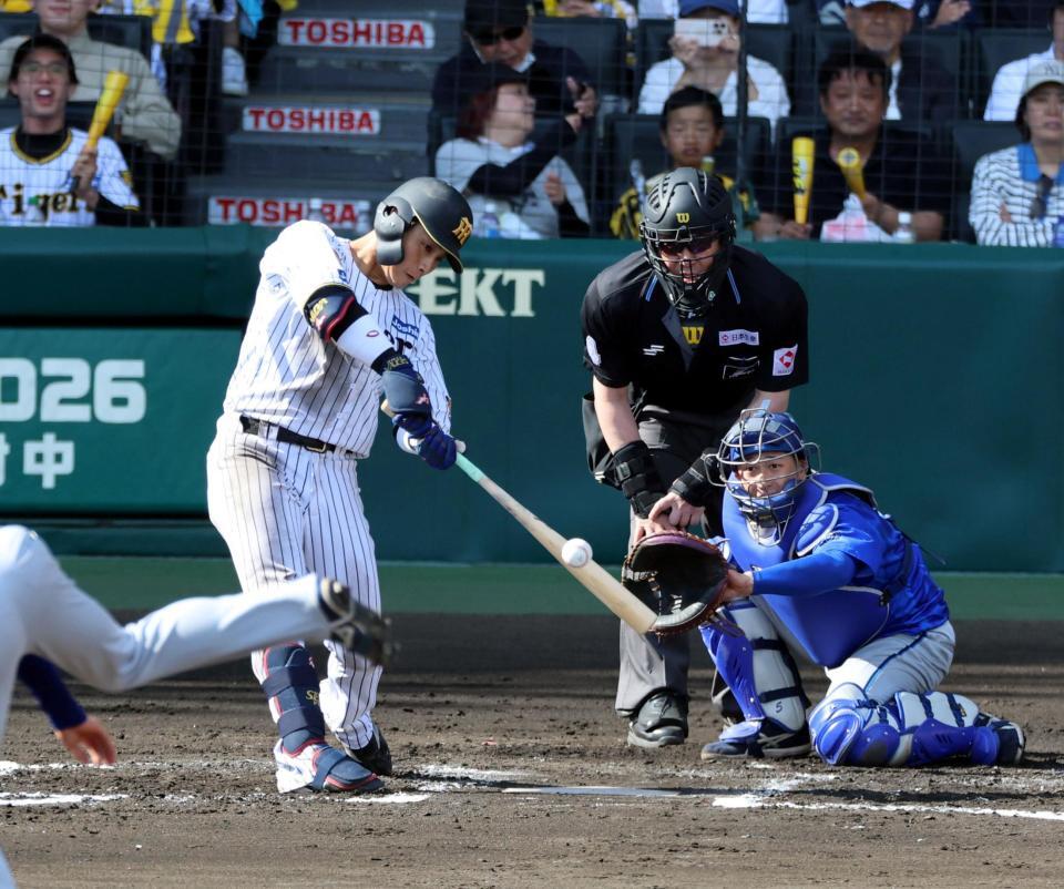 ６回、先制の中犠飛を放つ木浪（捕手・松尾）＝撮影・山口登