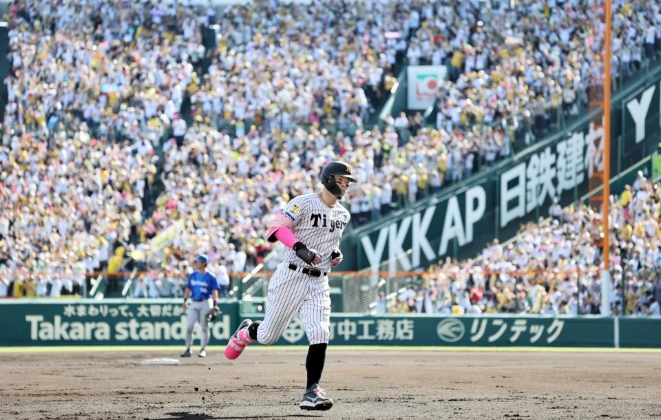 ６回、ソロを放った佐藤輝は声援を背に本塁へ走る（撮影・田中太一）