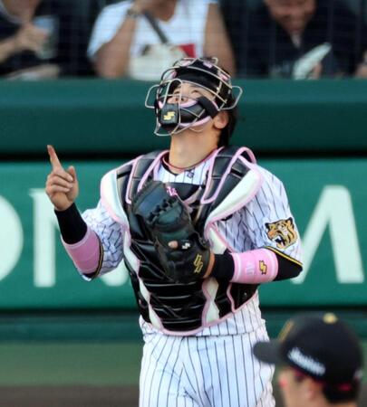 ＤｅＮＡに勝利し、阪神・梅野隆太郎は天に向かい指をさす＝甲子園（撮影・山口登）