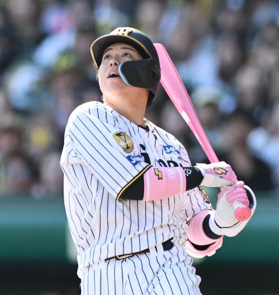 ５回、安打を放つ梅野（撮影・田中太一）
