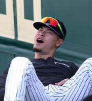 外野でストレッチをする佐藤輝（撮影・西田忠信）