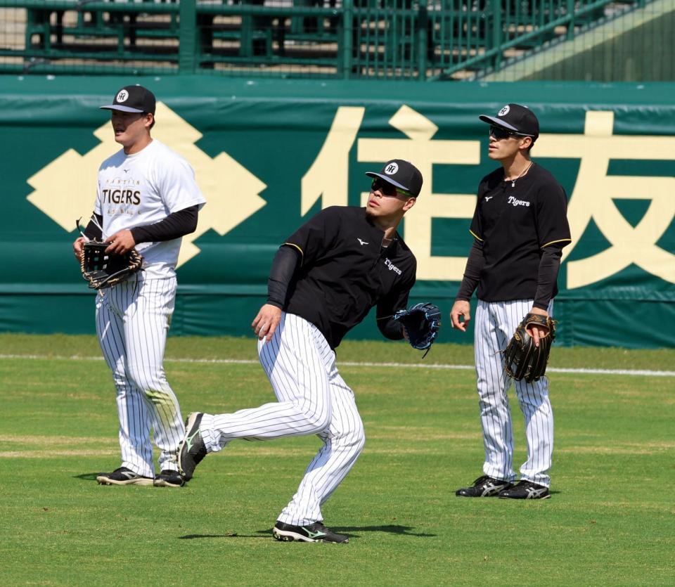 打撃練習の打球を追う佐藤輝（撮影・山口登）