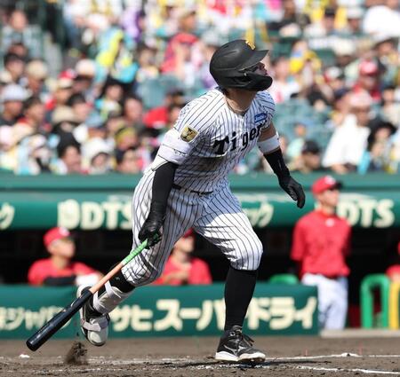 ４回、ソロを放つ佐藤輝（撮影・西田忠信）