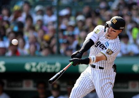 ４回、中越えにソロを放つ佐藤輝（撮影・山口登）