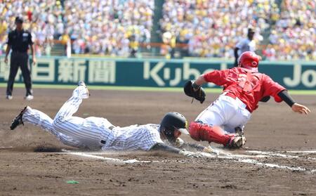 １回、中野は大山の左犠飛で生還する（撮影・山口登）