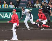 １回、右前打を放つ大山（撮影・山口登）