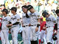 広島に完封負けし、試合後ファンにあいさつする阪神・森下翔太（中央）ら阪神ナイン＝甲子園（撮影・山口登）