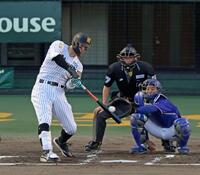 １回、左前へ先制適時打を放つ佐藤輝（撮影・立川洋一郎）