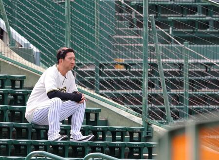スタンドの椅子に腰かけて練習を見守る藤川監督（撮影・立川洋一郎）