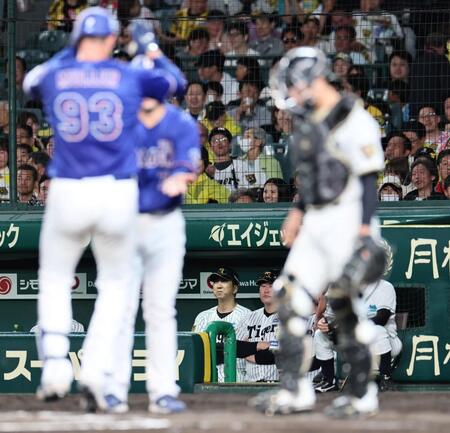 ６回、好投するマラー（手前）に２ランを許しグラウンドを見つめる藤川監督（撮影・田中太一）