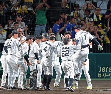 ９回、サヨナラ本塁打を放った森下（１）を向かる阪神ナイン。立石も笑顔を見せる（右から３人目）＝２０日