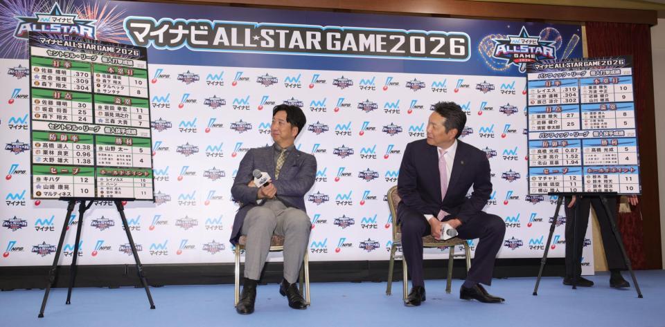 セ・パ両リーグのオールスター出場候補選手が記されたボードを見る阪神・藤川球児監督（左）とソフトバンク・小久保裕紀監督（撮影・坂部計介）