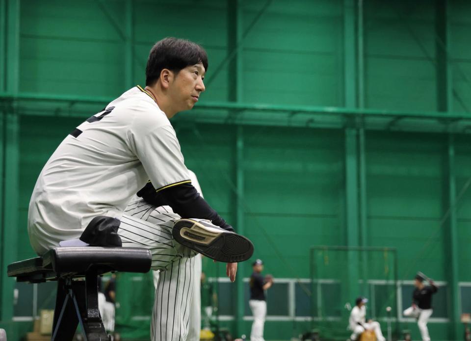 　室内練習を見守る藤川監督（撮影・田中太一）