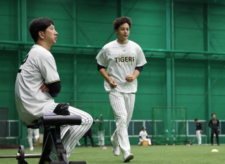 雨天練習を見る藤川監督。右は先発予定だった大竹（撮影・田中太一）