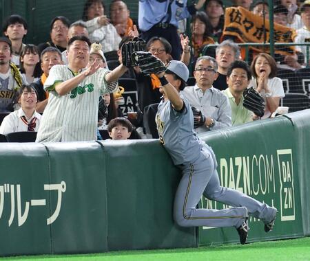 ８回、佐々木の邪飛をフェンス際で好捕する左翼手の立石（右）＝撮影・伊藤笙子
