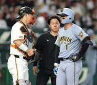 １回、死球を受け、大城（左）を見る森下（撮影・伊藤笙子）