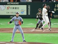 ４回、ダルベックを空振り三振にしとめ仁王立ちの才木（撮影・金田祐二）