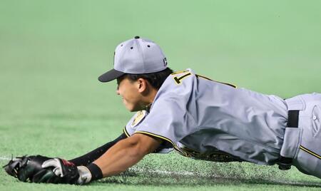 ２回、ダルベックの打球に飛びつく立石（撮影・田中太一）